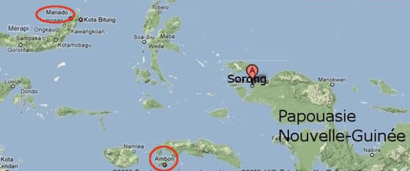 Situer Ambon, Manado et Sorong